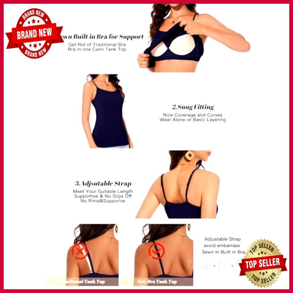 Built-In Padded Bra Camisole Tank Top Adjustable Straps Viscose Blend - Picture 4 of 7